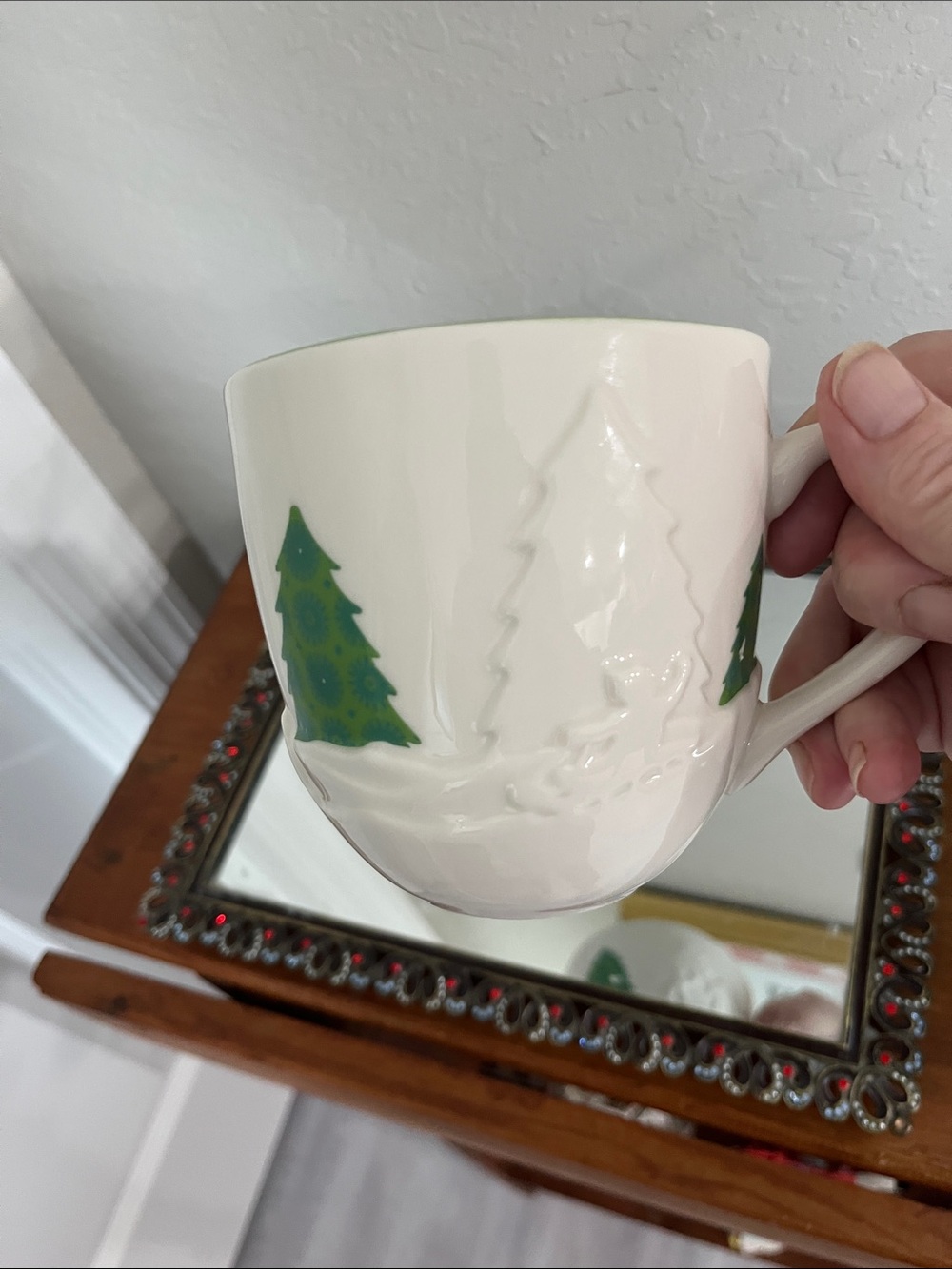 Starbucks VTG White Mug with Green Pine Tree Accents 2006